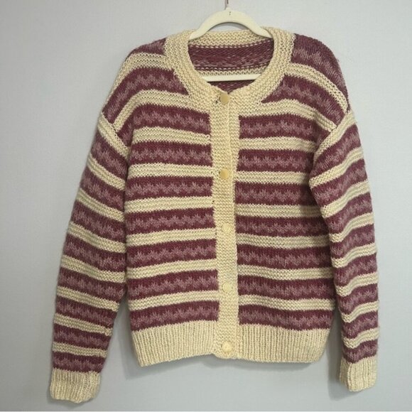 Hand Knit Wool Cream Burgundy Button Up Fair Isle Cardigan Sweater Size Large - Picture 1 of 6